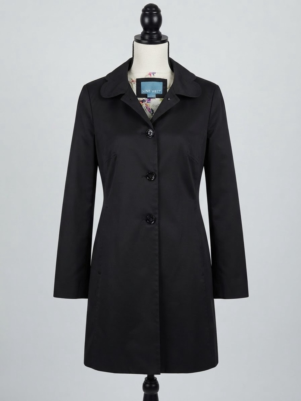 Nine West Black Trench Coat Scalloped Collar Floral Lining Size Large L